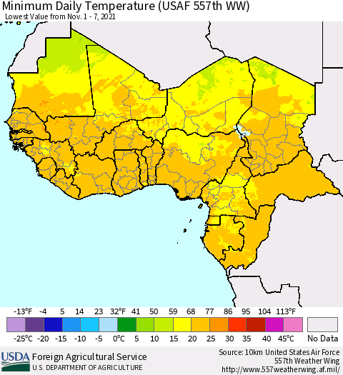 Western Africa Minimum Daily Temperature (USAF 557th WW) Thematic Map For 11/1/2021 - 11/7/2021