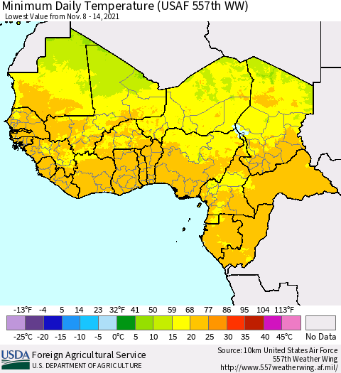 Western Africa Minimum Daily Temperature (USAF 557th WW) Thematic Map For 11/8/2021 - 11/14/2021