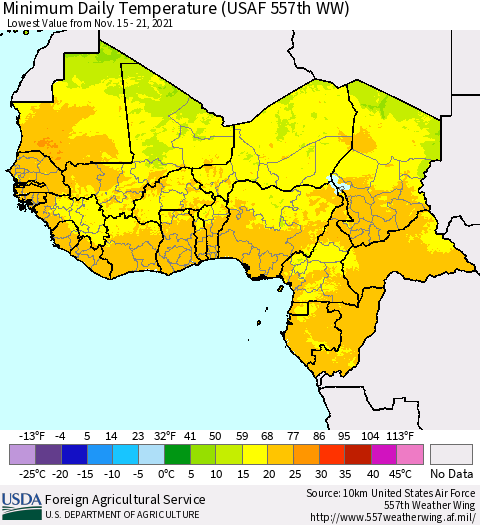 Western Africa Minimum Daily Temperature (USAF 557th WW) Thematic Map For 11/15/2021 - 11/21/2021