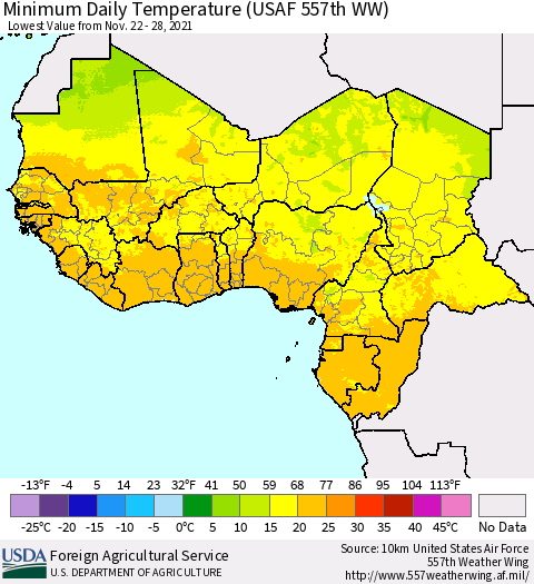 Western Africa Minimum Daily Temperature (USAF 557th WW) Thematic Map For 11/22/2021 - 11/28/2021