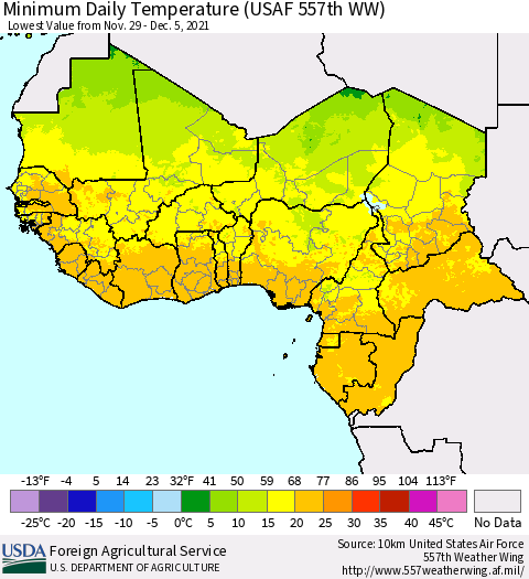 Western Africa Minimum Daily Temperature (USAF 557th WW) Thematic Map For 11/29/2021 - 12/5/2021