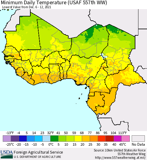Western Africa Minimum Daily Temperature (USAF 557th WW) Thematic Map For 12/6/2021 - 12/12/2021