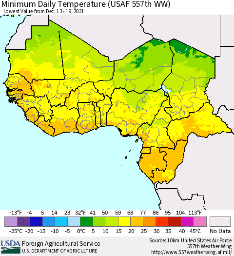 Western Africa Minimum Daily Temperature (USAF 557th WW) Thematic Map For 12/13/2021 - 12/19/2021