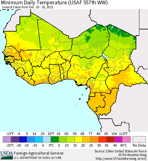 Western Africa Minimum Daily Temperature (USAF 557th WW) Thematic Map For 12/20/2021 - 12/26/2021
