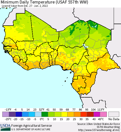 Western Africa Minimum Daily Temperature (USAF 557th WW) Thematic Map For 12/27/2021 - 1/2/2022