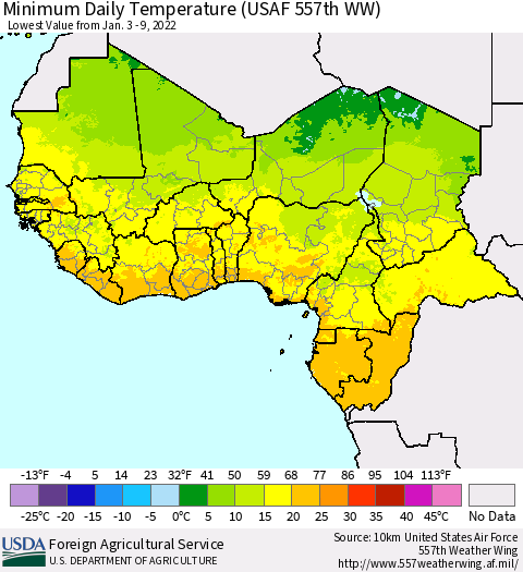 Western Africa Minimum Daily Temperature (USAF 557th WW) Thematic Map For 1/3/2022 - 1/9/2022