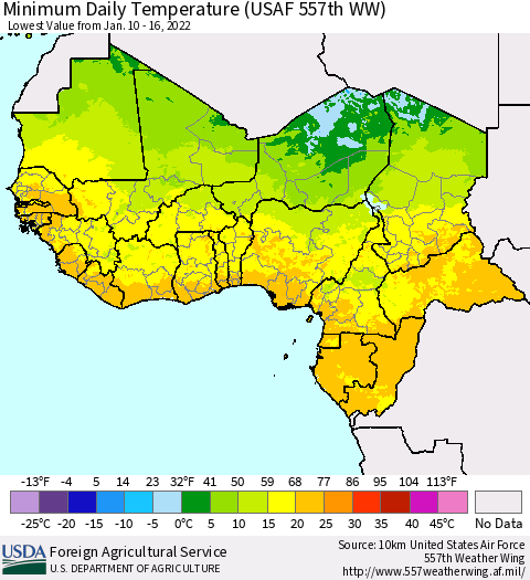 Western Africa Minimum Daily Temperature (USAF 557th WW) Thematic Map For 1/10/2022 - 1/16/2022