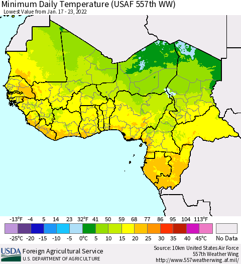 Western Africa Minimum Daily Temperature (USAF 557th WW) Thematic Map For 1/17/2022 - 1/23/2022