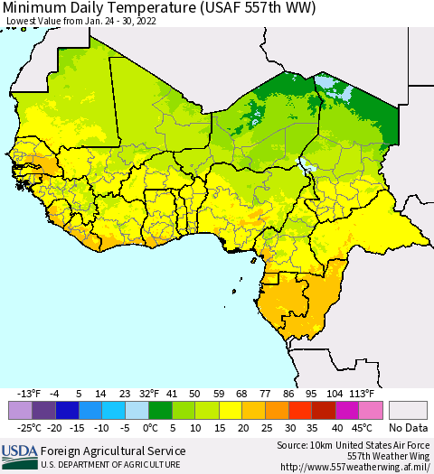 Western Africa Minimum Daily Temperature (USAF 557th WW) Thematic Map For 1/24/2022 - 1/30/2022