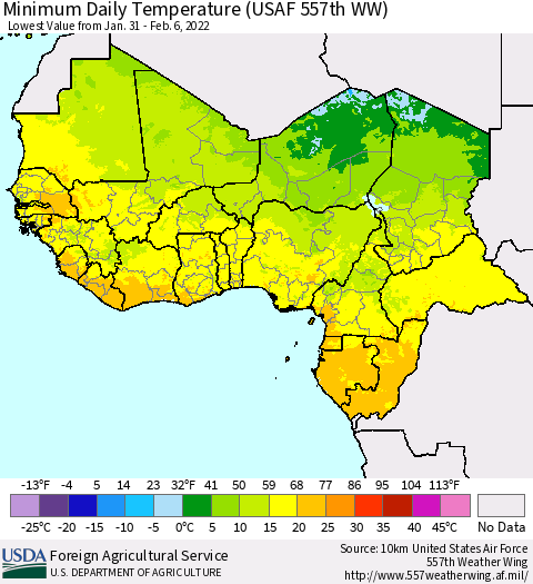 Western Africa Minimum Daily Temperature (USAF 557th WW) Thematic Map For 1/31/2022 - 2/6/2022