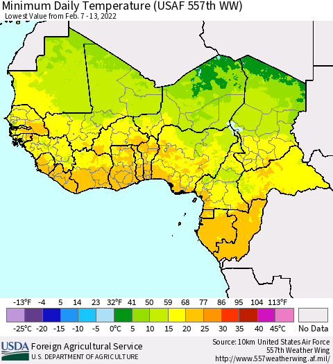 Western Africa Minimum Daily Temperature (USAF 557th WW) Thematic Map For 2/7/2022 - 2/13/2022