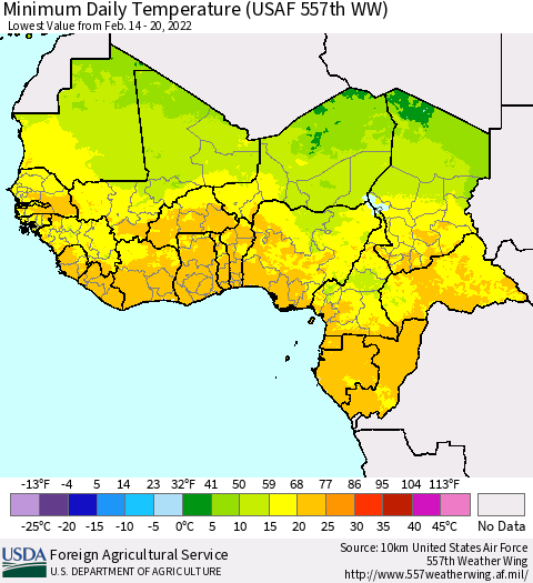 Western Africa Minimum Daily Temperature (USAF 557th WW) Thematic Map For 2/14/2022 - 2/20/2022