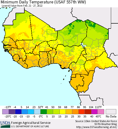Western Africa Minimum Daily Temperature (USAF 557th WW) Thematic Map For 2/21/2022 - 2/27/2022