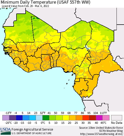 Western Africa Minimum Daily Temperature (USAF 557th WW) Thematic Map For 2/28/2022 - 3/6/2022