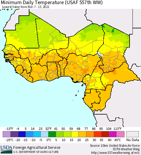 Western Africa Minimum Daily Temperature (USAF 557th WW) Thematic Map For 3/7/2022 - 3/13/2022