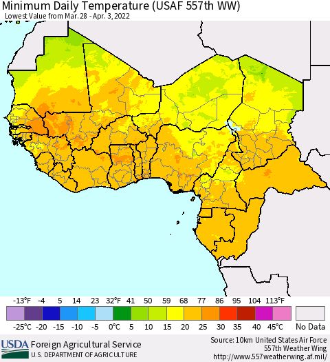 Western Africa Minimum Daily Temperature (USAF 557th WW) Thematic Map For 3/28/2022 - 4/3/2022