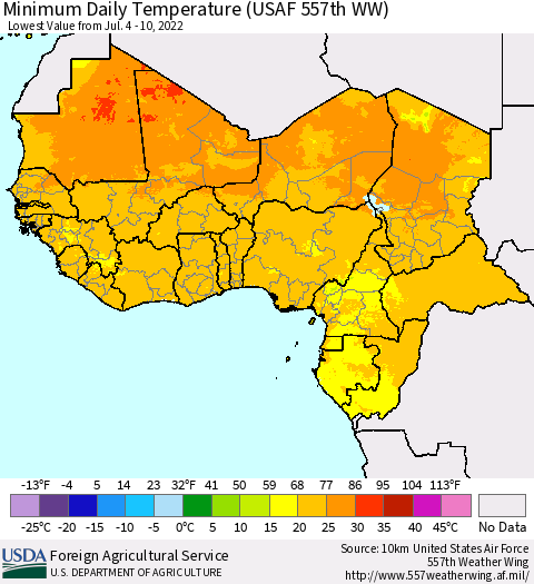 Western Africa Minimum Daily Temperature (USAF 557th WW) Thematic Map For 7/4/2022 - 7/10/2022