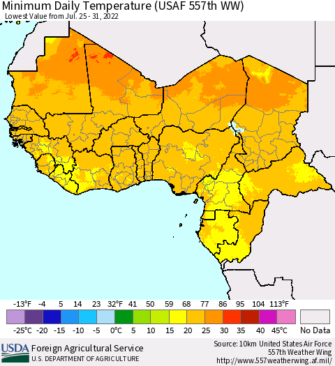 Western Africa Minimum Daily Temperature (USAF 557th WW) Thematic Map For 7/25/2022 - 7/31/2022