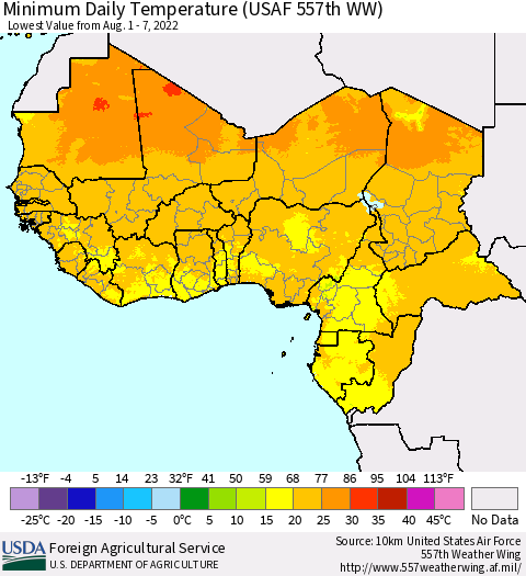 Western Africa Minimum Daily Temperature (USAF 557th WW) Thematic Map For 8/1/2022 - 8/7/2022
