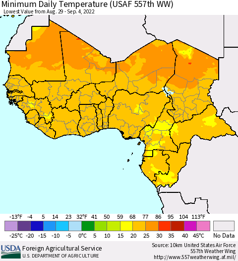 Western Africa Minimum Daily Temperature (USAF 557th WW) Thematic Map For 8/29/2022 - 9/4/2022