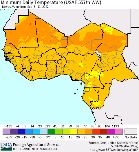 Western Africa Minimum Daily Temperature (USAF 557th WW) Thematic Map For 9/5/2022 - 9/11/2022
