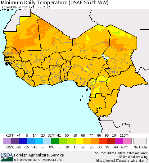 Western Africa Minimum Daily Temperature (USAF 557th WW) Thematic Map For 10/3/2022 - 10/9/2022
