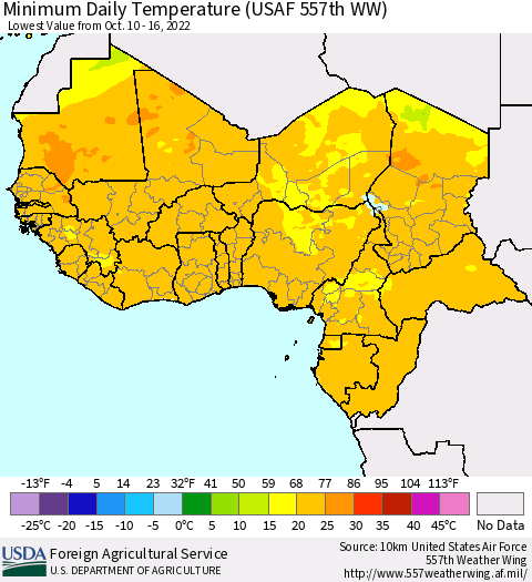 Western Africa Minimum Daily Temperature (USAF 557th WW) Thematic Map For 10/10/2022 - 10/16/2022