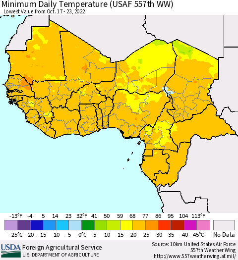 Western Africa Minimum Daily Temperature (USAF 557th WW) Thematic Map For 10/17/2022 - 10/23/2022