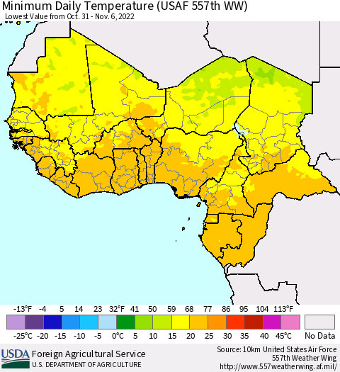 Western Africa Minimum Daily Temperature (USAF 557th WW) Thematic Map For 10/31/2022 - 11/6/2022