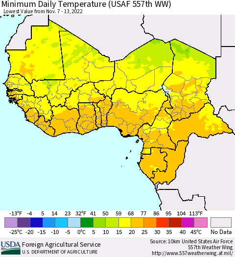 Western Africa Minimum Daily Temperature (USAF 557th WW) Thematic Map For 11/7/2022 - 11/13/2022