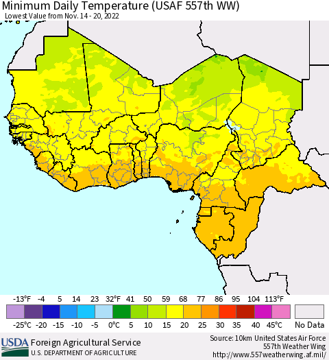 Western Africa Minimum Daily Temperature (USAF 557th WW) Thematic Map For 11/14/2022 - 11/20/2022