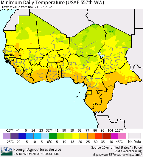 Western Africa Minimum Daily Temperature (USAF 557th WW) Thematic Map For 11/21/2022 - 11/27/2022