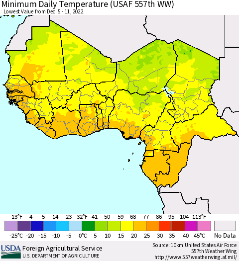 Western Africa Minimum Daily Temperature (USAF 557th WW) Thematic Map For 12/5/2022 - 12/11/2022