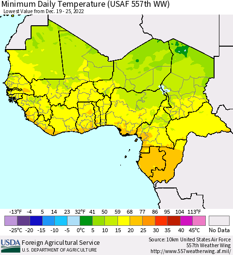 Western Africa Minimum Daily Temperature (USAF 557th WW) Thematic Map For 12/19/2022 - 12/25/2022