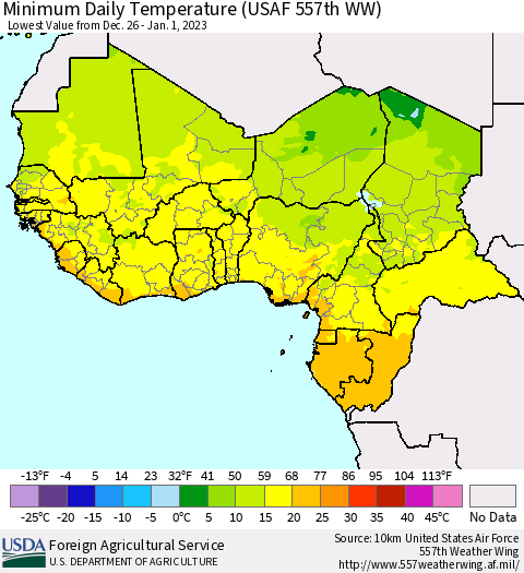 Western Africa Minimum Daily Temperature (USAF 557th WW) Thematic Map For 12/26/2022 - 1/1/2023