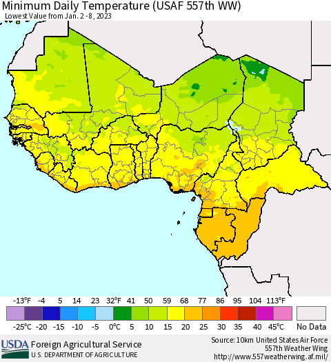 Western Africa Minimum Daily Temperature (USAF 557th WW) Thematic Map For 1/2/2023 - 1/8/2023