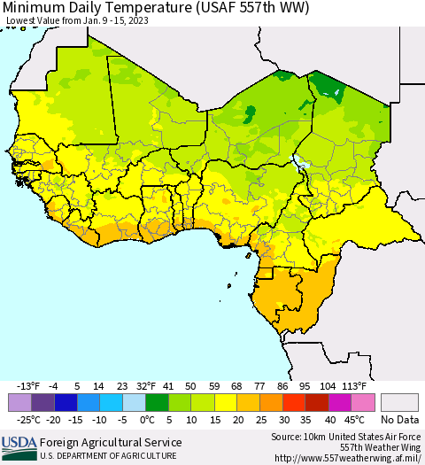 Western Africa Minimum Daily Temperature (USAF 557th WW) Thematic Map For 1/9/2023 - 1/15/2023