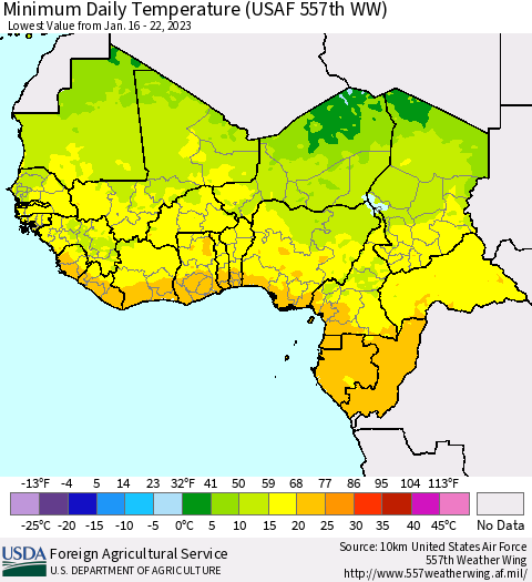 Western Africa Minimum Daily Temperature (USAF 557th WW) Thematic Map For 1/16/2023 - 1/22/2023