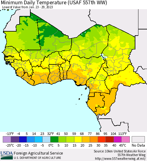 Western Africa Minimum Daily Temperature (USAF 557th WW) Thematic Map For 1/23/2023 - 1/29/2023