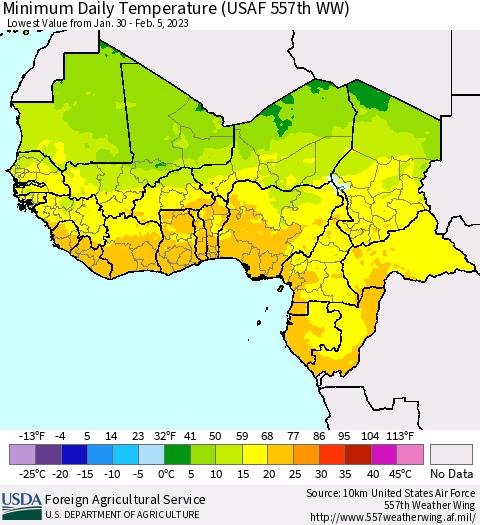 Western Africa Minimum Daily Temperature (USAF 557th WW) Thematic Map For 1/30/2023 - 2/5/2023