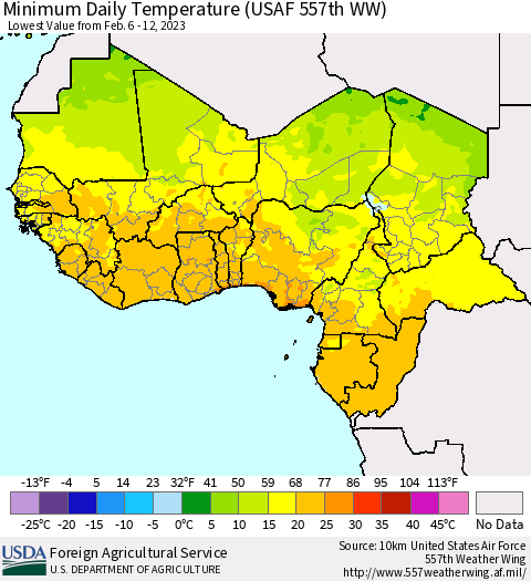Western Africa Minimum Daily Temperature (USAF 557th WW) Thematic Map For 2/6/2023 - 2/12/2023