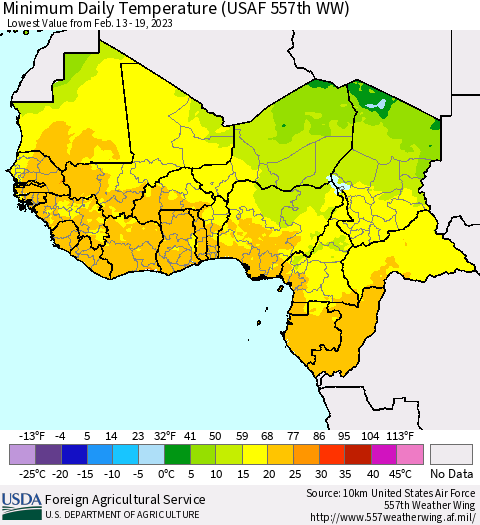 Western Africa Minimum Daily Temperature (USAF 557th WW) Thematic Map For 2/13/2023 - 2/19/2023