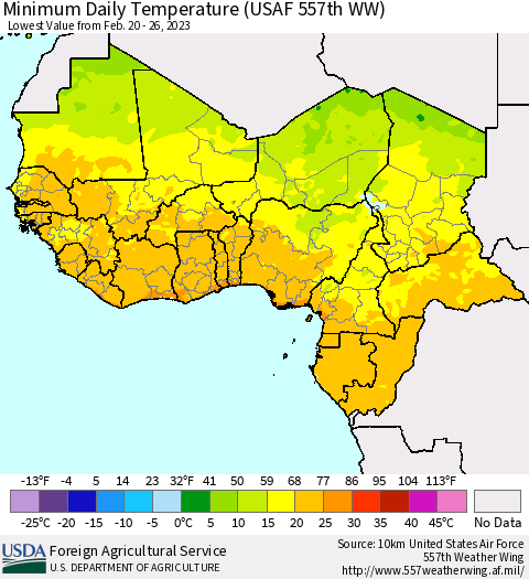 Western Africa Minimum Daily Temperature (USAF 557th WW) Thematic Map For 2/20/2023 - 2/26/2023