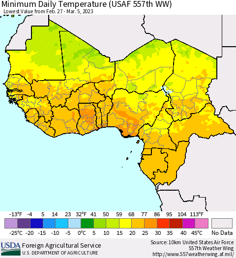 Western Africa Minimum Daily Temperature (USAF 557th WW) Thematic Map For 2/27/2023 - 3/5/2023