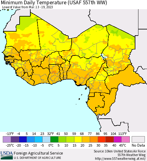 Western Africa Minimum Daily Temperature (USAF 557th WW) Thematic Map For 3/13/2023 - 3/19/2023