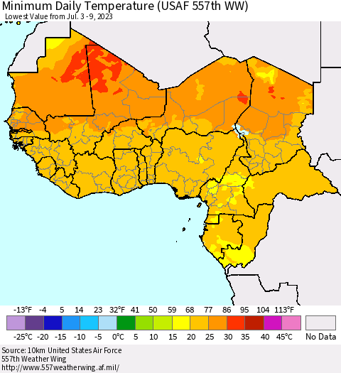 Western Africa Minimum Daily Temperature (USAF 557th WW) Thematic Map For 7/3/2023 - 7/9/2023