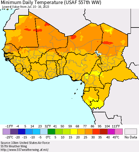 Western Africa Minimum Daily Temperature (USAF 557th WW) Thematic Map For 7/10/2023 - 7/16/2023