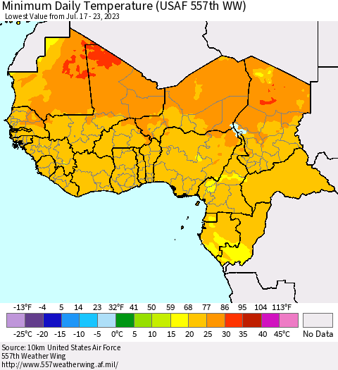 Western Africa Minimum Daily Temperature (USAF 557th WW) Thematic Map For 7/17/2023 - 7/23/2023
