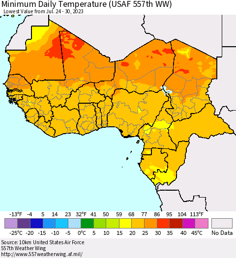 Western Africa Minimum Daily Temperature (USAF 557th WW) Thematic Map For 7/24/2023 - 7/30/2023
