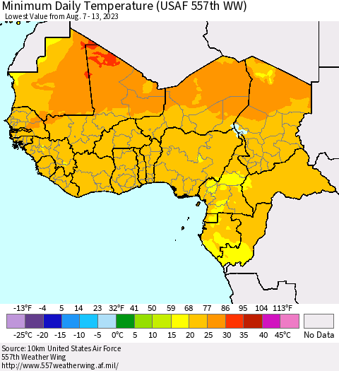 Western Africa Minimum Daily Temperature (USAF 557th WW) Thematic Map For 8/7/2023 - 8/13/2023